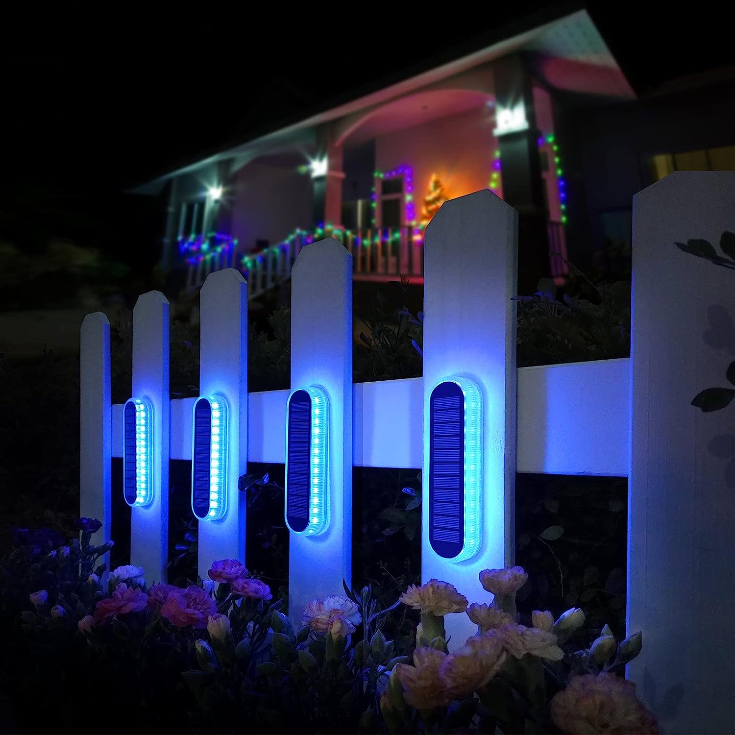 Outdoor Lighting On Stairs - 5年間の寿命、4個セットのソーラーLEDデッキライト、ブルー、自動点灯/消灯、屋外防水IP68、耐圧5トン、階段、フェンス、庭、パティオ、通路用のソーラーガーデンステップライト