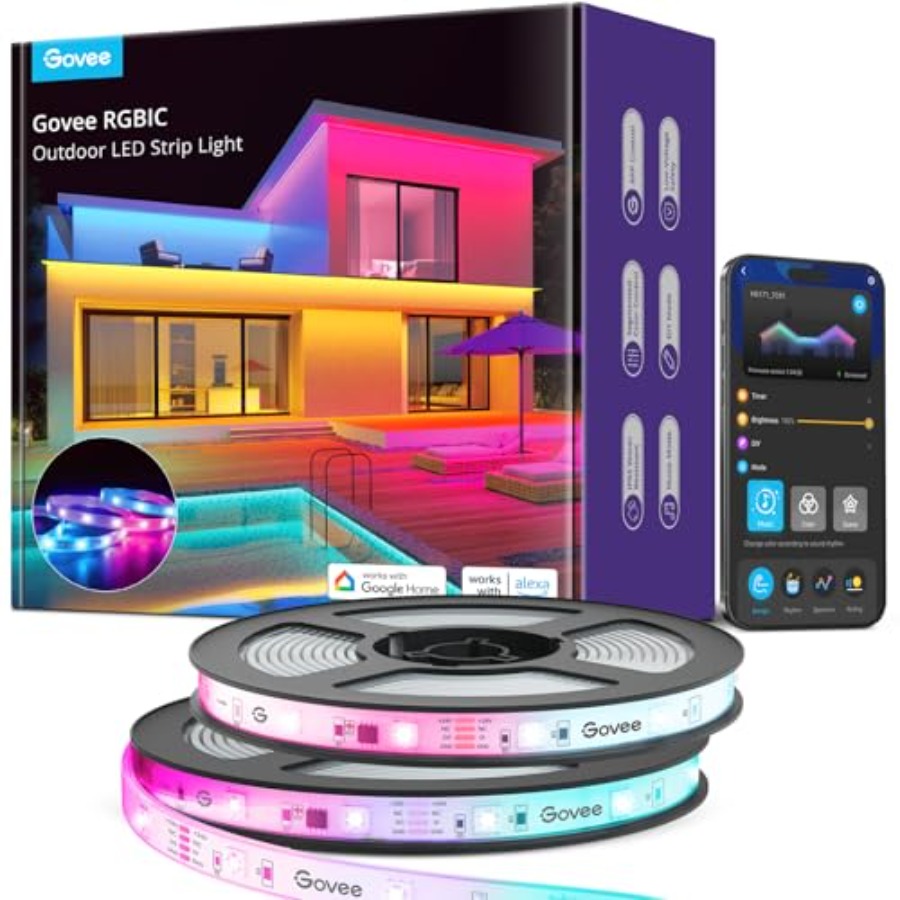 Outdoor Lighting Led Strip - パティオや軒先の装飾用屋外LEDストリップライト、シリコンコーティングされたIP65防水RGBICストリップ（ブラック）、65.6フィートのスマートライト
