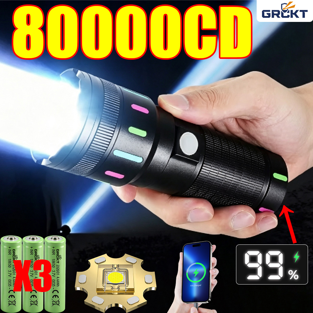 Outdoor Lighting Construction - 80000CD 最も強力なLED懐中電灯 ハイパワー戦術ハンティング懐中電灯 充電式トーチ アウトドア防水ランタンライトレーザーポインター 超強力