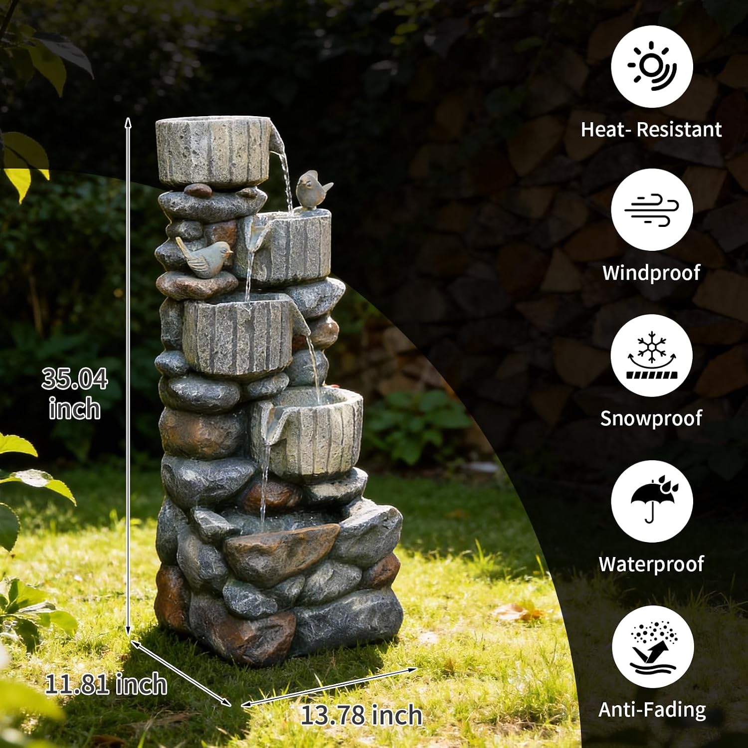 3504 H 5段式カスケードロック噴水 LEDライト付き  - Outdoor Lighting Deck のレビューと価格